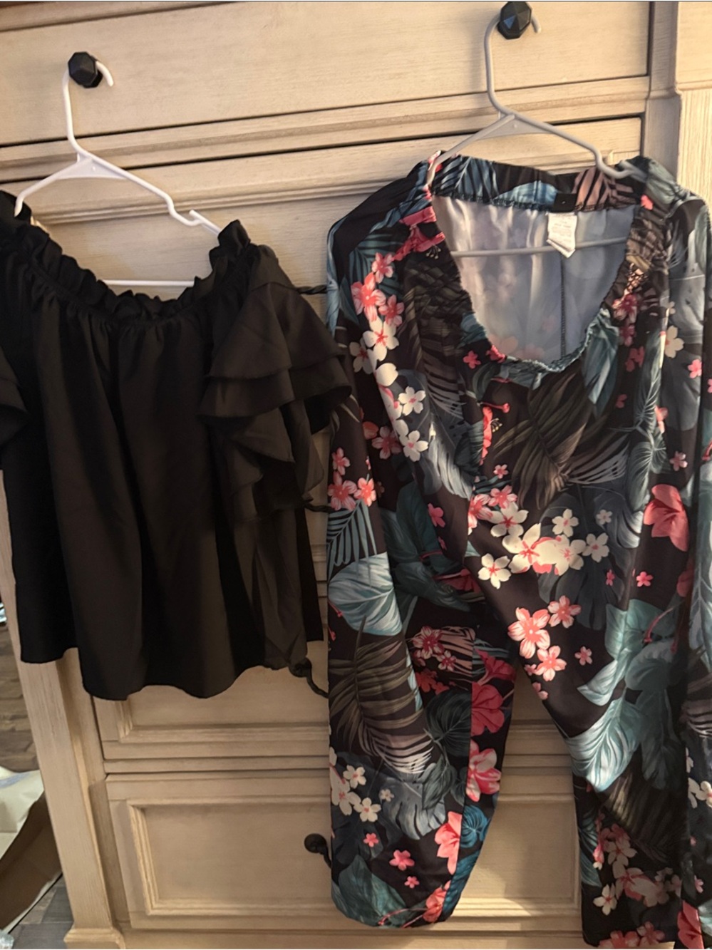 SHEIN Black Ruffle Off-Shoulder Top with Floral Print Blouse